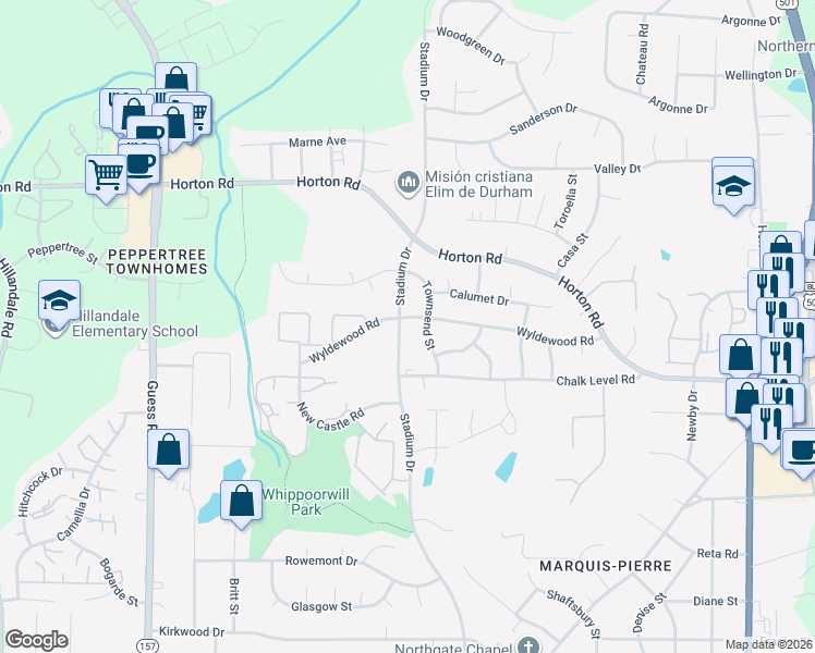 map of restaurants, bars, coffee shops, grocery stores, and more near 2420 Stadium Drive in Durham
