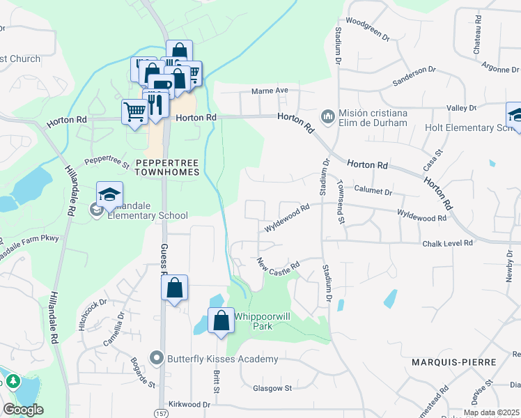 map of restaurants, bars, coffee shops, grocery stores, and more near 1424 New Castle Road in Durham