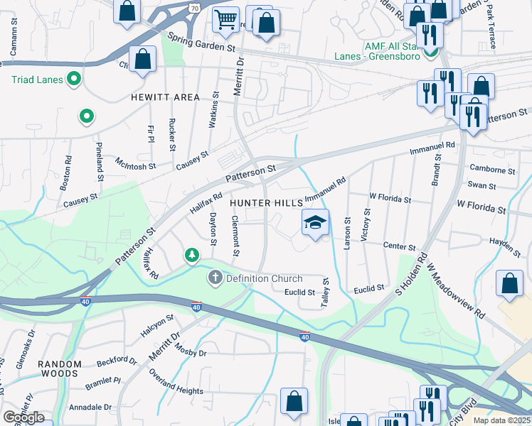 map of restaurants, bars, coffee shops, grocery stores, and more near 1400 Merritt Drive in Greensboro