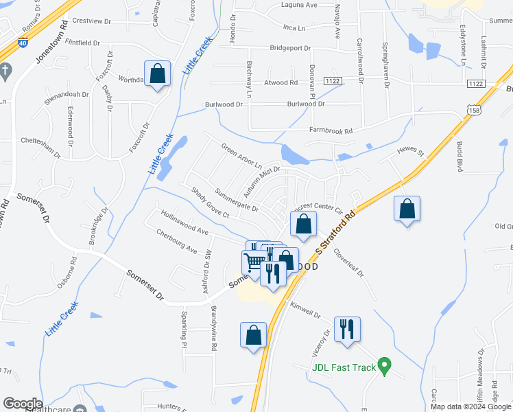 map of restaurants, bars, coffee shops, grocery stores, and more near 388 Shady Grove in Winston-Salem