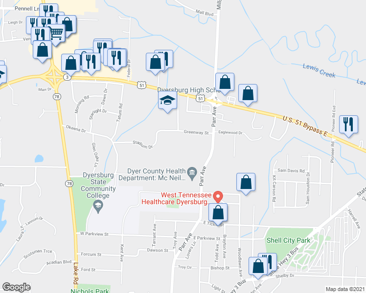 map of restaurants, bars, coffee shops, grocery stores, and more near 245 Greenway Street in Dyersburg
