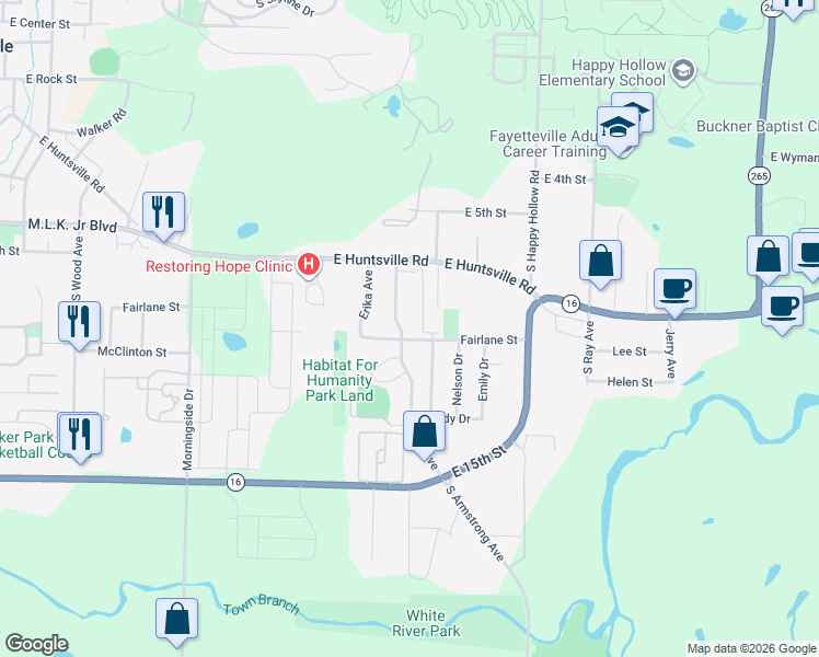 map of restaurants, bars, coffee shops, grocery stores, and more near 1009 South Sherman Avenue in Fayetteville