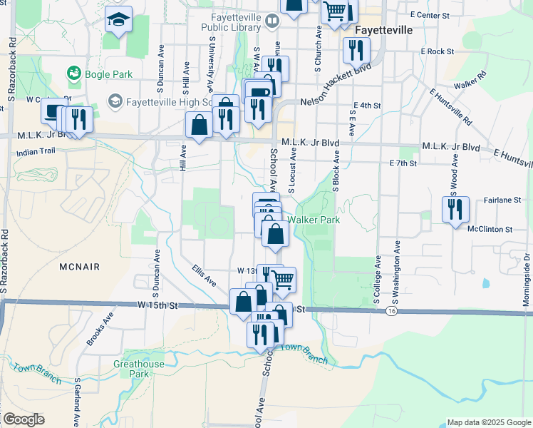map of restaurants, bars, coffee shops, grocery stores, and more near 1061 South English Place in Fayetteville