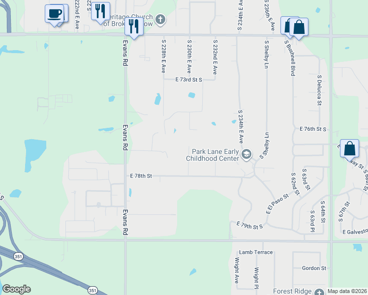 map of restaurants, bars, coffee shops, grocery stores, and more near 7706 South 230th East Avenue in Broken Arrow