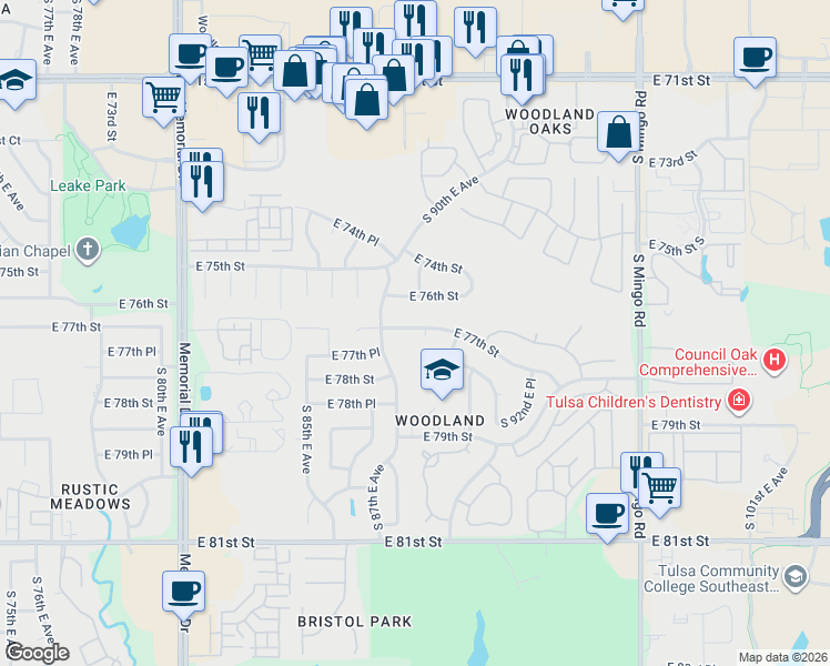 map of restaurants, bars, coffee shops, grocery stores, and more near 8834 East 77th Street in Tulsa