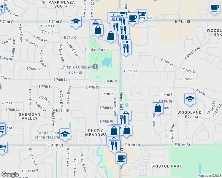 map of restaurants, bars, coffee shops, grocery stores, and more near 7921 East 77th Place in Tulsa