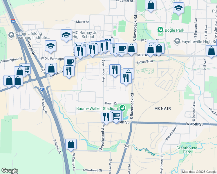 map of restaurants, bars, coffee shops, grocery stores, and more near 1645 West Beech Place in Fayetteville