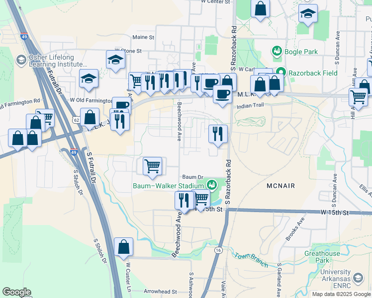 map of restaurants, bars, coffee shops, grocery stores, and more near 1657 West Beech Place in Fayetteville