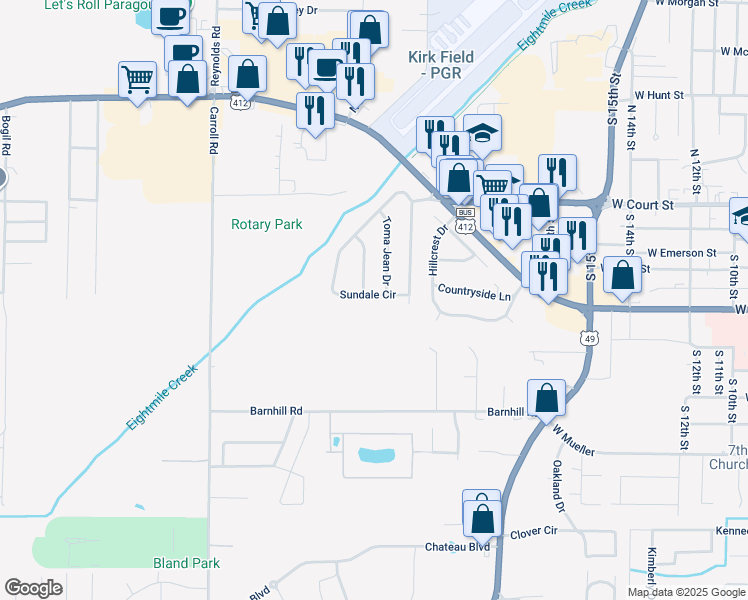 map of restaurants, bars, coffee shops, grocery stores, and more near 36 Sundale Circle in Paragould