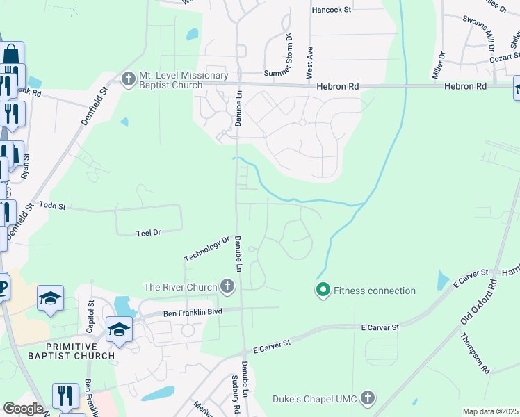 map of restaurants, bars, coffee shops, grocery stores, and more near 604 Fanning Way in Durham