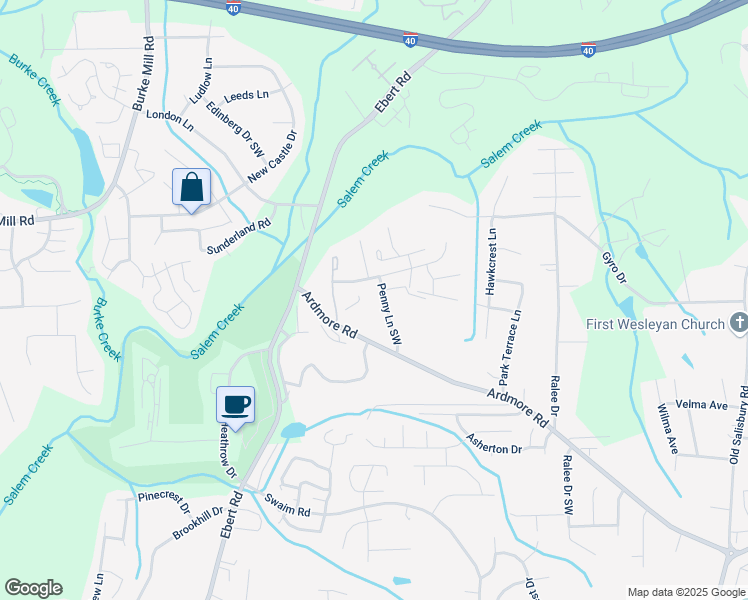 map of restaurants, bars, coffee shops, grocery stores, and more near 1935 Penny Lane Southwest in Winston-Salem