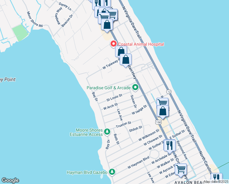map of restaurants, bars, coffee shops, grocery stores, and more near 319 West Cameron Street in Kill Devil Hills