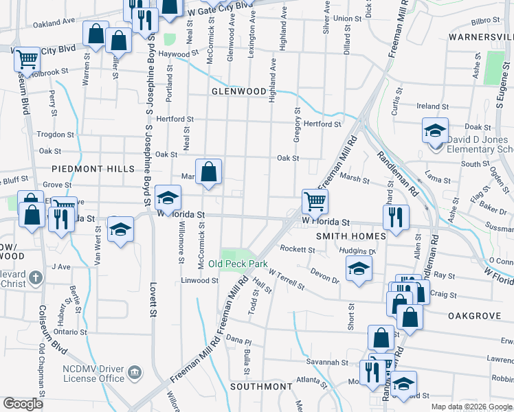 map of restaurants, bars, coffee shops, grocery stores, and more near 1006 West Florida Street in Greensboro