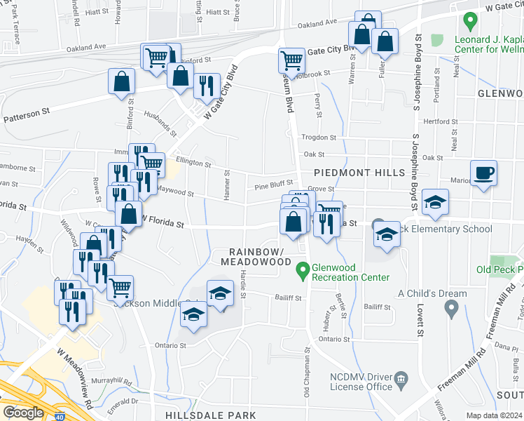 map of restaurants, bars, coffee shops, grocery stores, and more near 2023 Maywood Street in Greensboro
