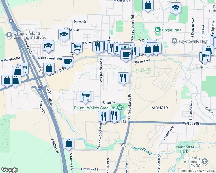 map of restaurants, bars, coffee shops, grocery stores, and more near 1629 West Beech Place in Fayetteville