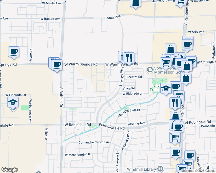 map of restaurants, bars, coffee shops, grocery stores, and more near 7453 Aardvark Walks Street in Las Vegas