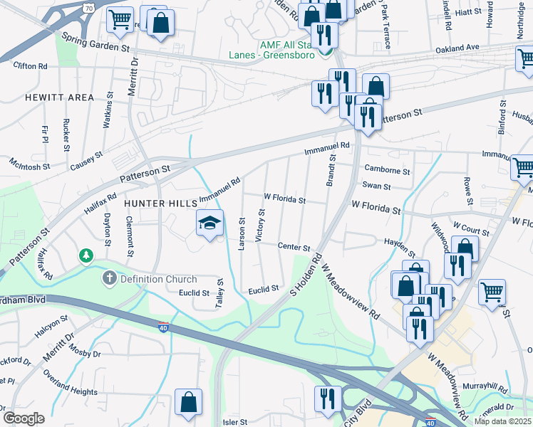map of restaurants, bars, coffee shops, grocery stores, and more near 1409 Victory Street in Greensboro