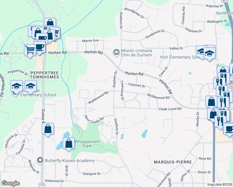 map of restaurants, bars, coffee shops, grocery stores, and more near 2420 Stadium Drive in Durham
