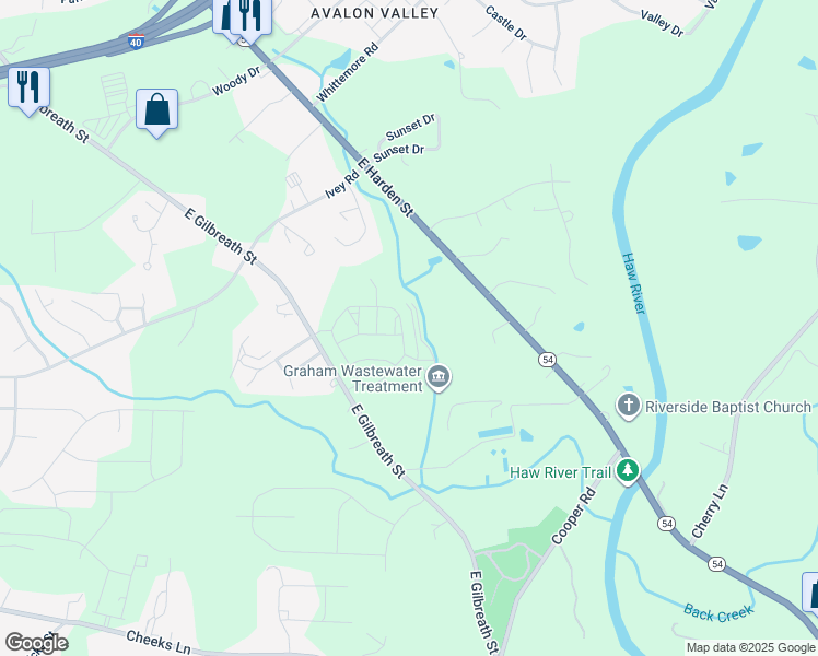 map of restaurants, bars, coffee shops, grocery stores, and more near 1364 Maple Branch Circle in Graham