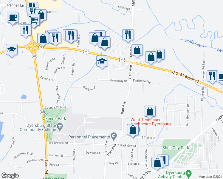 map of restaurants, bars, coffee shops, grocery stores, and more near 245 Greenway Street in Dyersburg