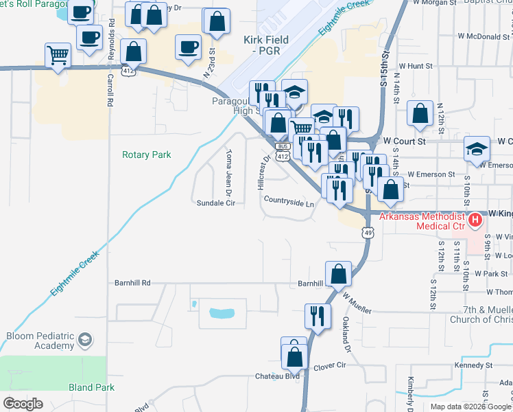 map of restaurants, bars, coffee shops, grocery stores, and more near 1911 Hillcrest Circle in Paragould
