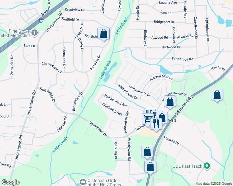 map of restaurants, bars, coffee shops, grocery stores, and more near 2100 Hollinswood Court in Winston-Salem