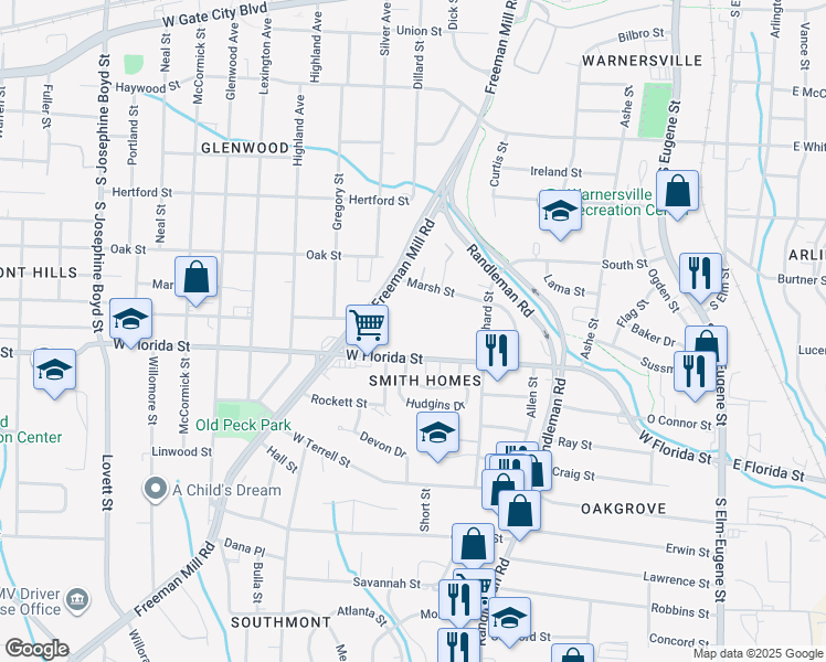 map of restaurants, bars, coffee shops, grocery stores, and more near 1601 Luray Drive in Greensboro