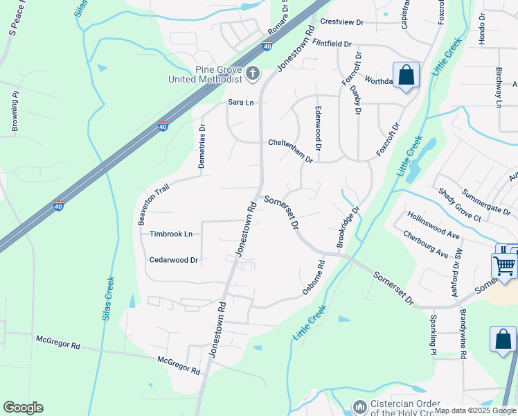 map of restaurants, bars, coffee shops, grocery stores, and more near 1309 Jonestown Road in Winston-Salem