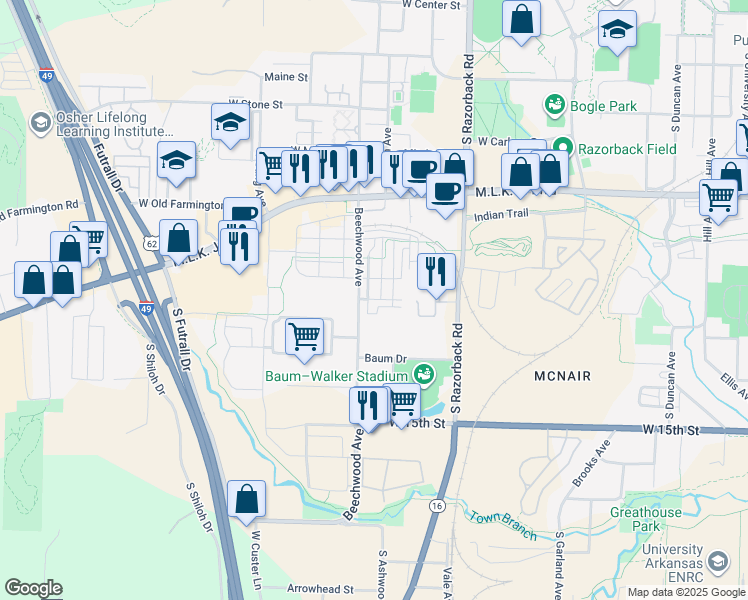 map of restaurants, bars, coffee shops, grocery stores, and more near 1646 West Beech Place in Fayetteville