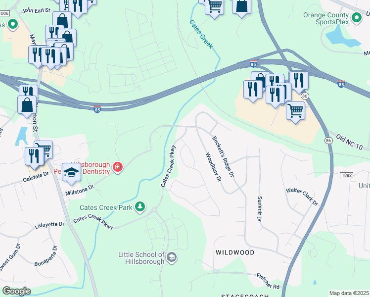 map of restaurants, bars, coffee shops, grocery stores, and more near 206 Empress Road in Hillsborough