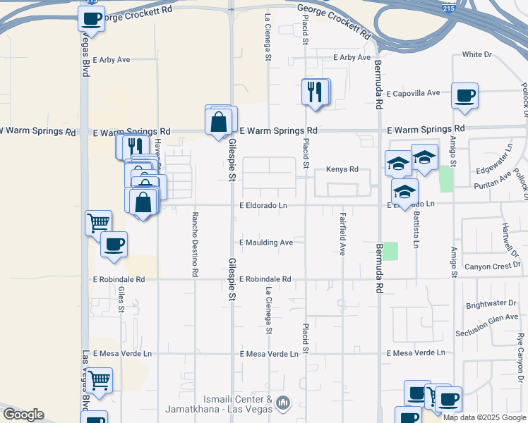 map of restaurants, bars, coffee shops, grocery stores, and more near 249 East Eldorado Lane in Las Vegas