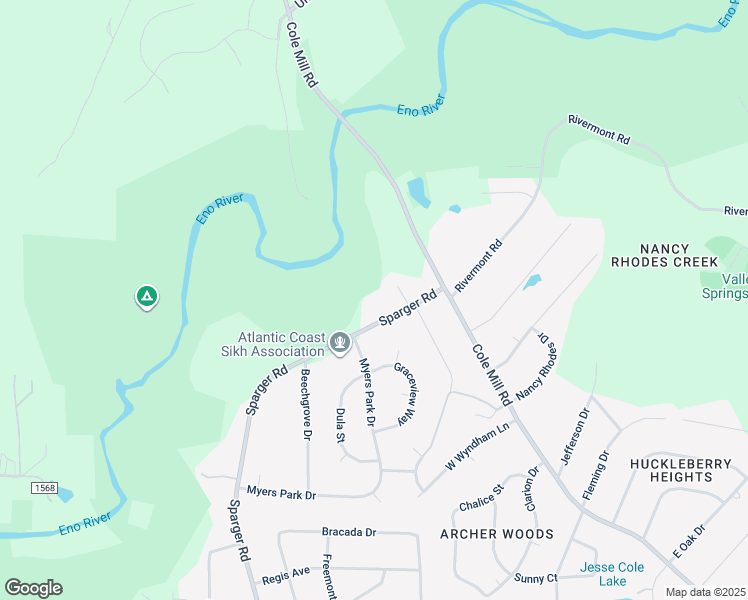 map of restaurants, bars, coffee shops, grocery stores, and more near 3215 Sparger Road in Durham