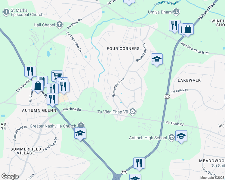 map of restaurants, bars, coffee shops, grocery stores, and more near 600 Gracewood Grove in Nashville