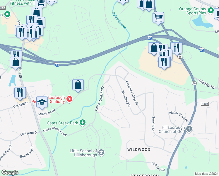 map of restaurants, bars, coffee shops, grocery stores, and more near 206 Empress Road in Hillsborough