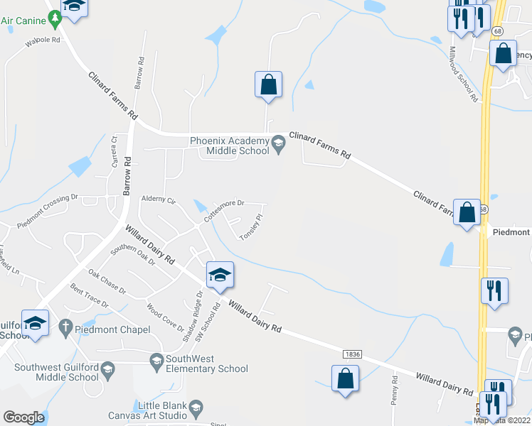 map of restaurants, bars, coffee shops, grocery stores, and more near 3813 Tonsley Place in High Point