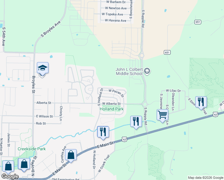 map of restaurants, bars, coffee shops, grocery stores, and more near 4440 West Pecan Street in Fayetteville