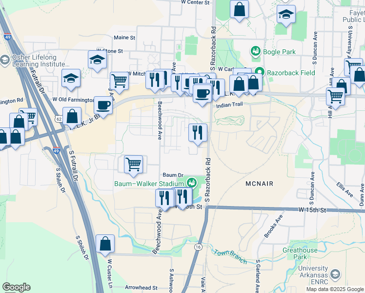 map of restaurants, bars, coffee shops, grocery stores, and more near 1569 West Beech Place in Fayetteville