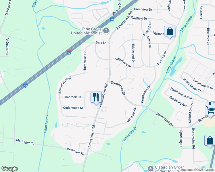 map of restaurants, bars, coffee shops, grocery stores, and more near 1309 Jonestown Road in Winston-Salem