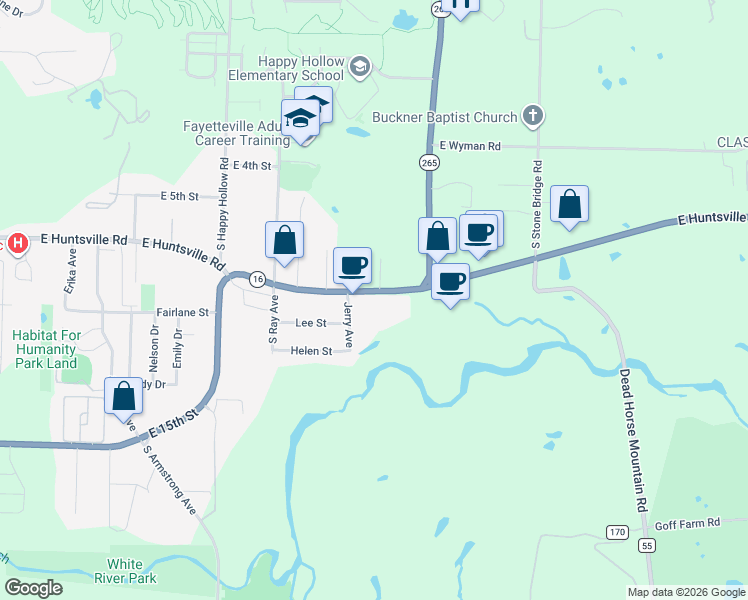 map of restaurants, bars, coffee shops, grocery stores, and more near 2301 East Huntsville Road in Fayetteville