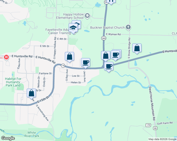 map of restaurants, bars, coffee shops, grocery stores, and more near 2301 East Huntsville Road in Fayetteville