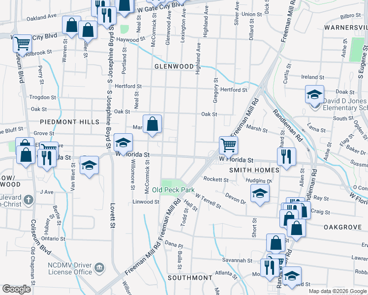 map of restaurants, bars, coffee shops, grocery stores, and more near 1006 West Florida Street in Greensboro
