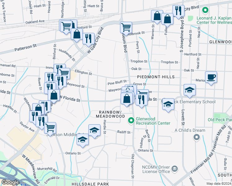map of restaurants, bars, coffee shops, grocery stores, and more near 2016 West Florida Street in Greensboro