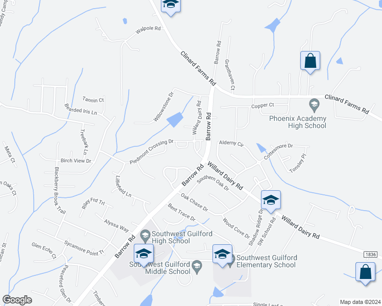 map of restaurants, bars, coffee shops, grocery stores, and more near 4501 Barrow Road in High Point