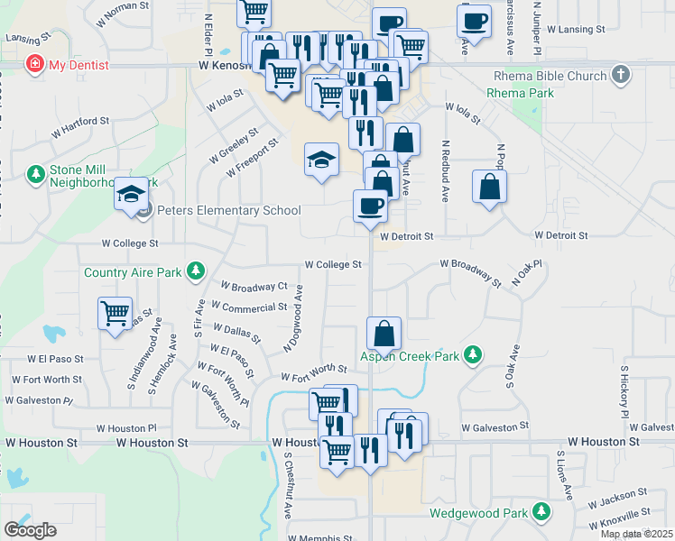 map of restaurants, bars, coffee shops, grocery stores, and more near 2316 West Broadway Court in Broken Arrow