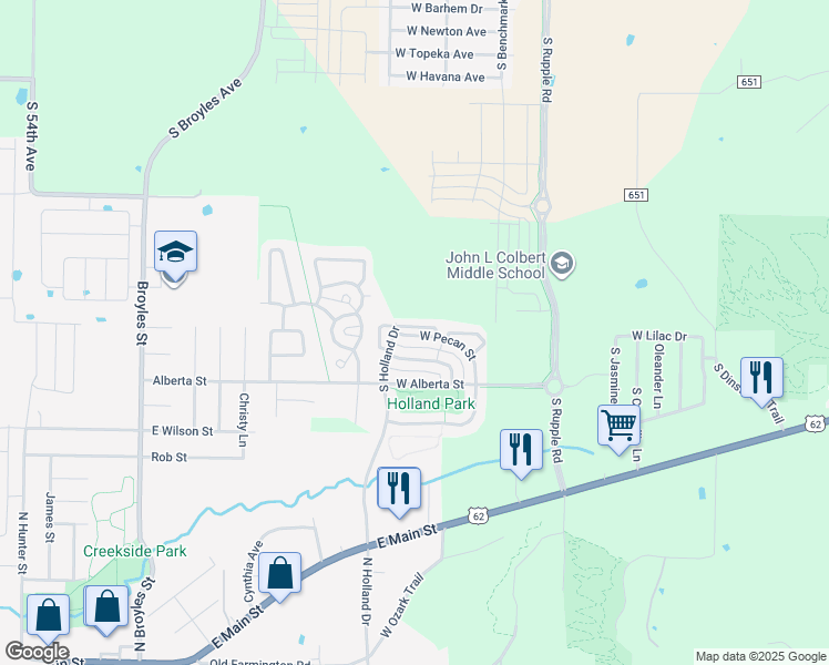 map of restaurants, bars, coffee shops, grocery stores, and more near 4480 West Pecan Street in Fayetteville