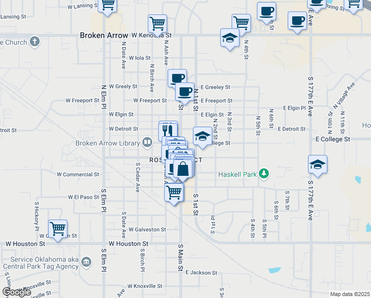 map of restaurants, bars, coffee shops, grocery stores, and more near 120 West Broadway Place in Broken Arrow