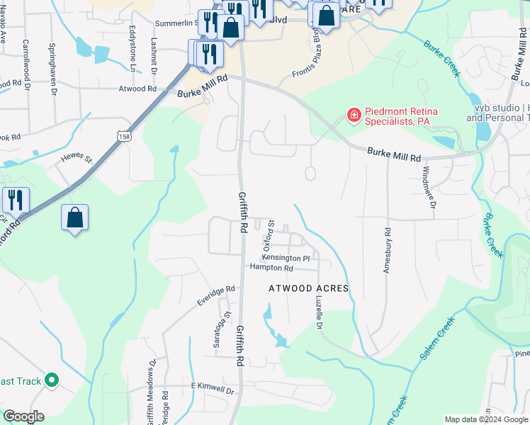 map of restaurants, bars, coffee shops, grocery stores, and more near 3343 Victoria Park Lane in Winston-Salem
