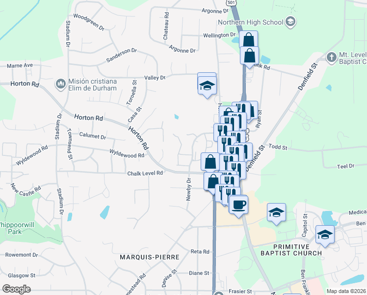 map of restaurants, bars, coffee shops, grocery stores, and more near 46 Stonewall Way in Durham