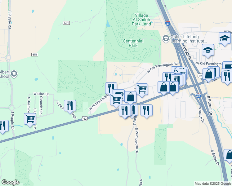 map of restaurants, bars, coffee shops, grocery stores, and more near 3159 West Old Farmington Road in Fayetteville