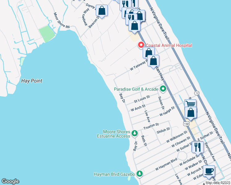 map of restaurants, bars, coffee shops, grocery stores, and more near 3504 Bay Drive in Kitty Hawk
